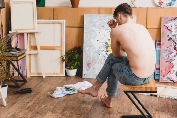 Exhausted Half Naked Artist Sitting Chair Painting Studio — Stock Photo, Image