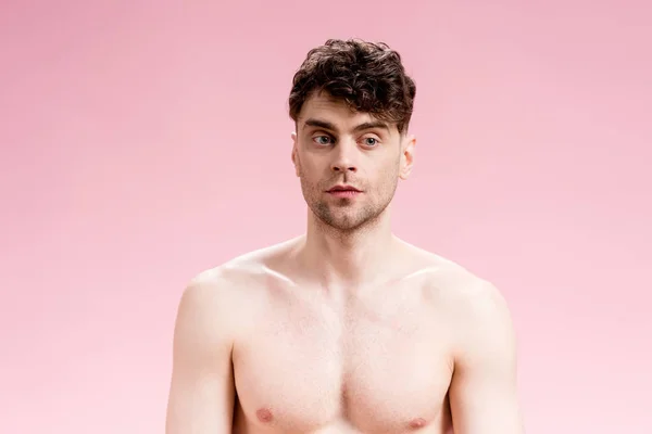 Handsome Serious Confident Brunette Man Pink — Stock Photo, Image