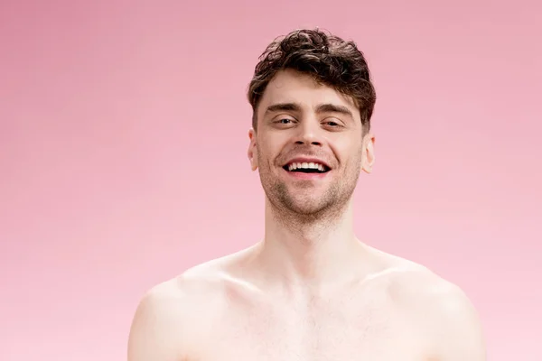 Good Looking Smiling Brunette Man Looking Camera Pink — Stock Photo, Image