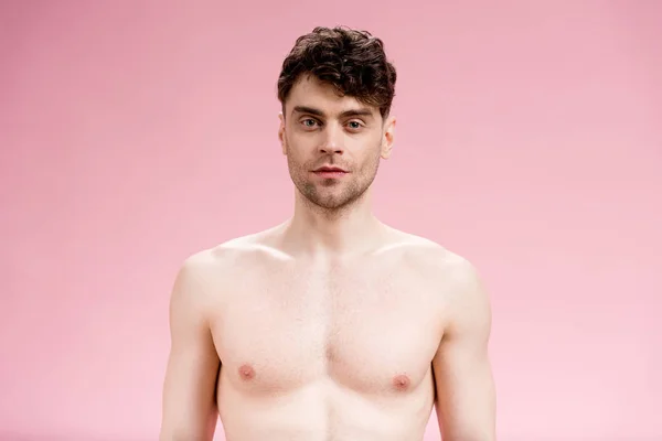 Serious Confident Brunette Man Looking Camera Pink — Stock Photo, Image