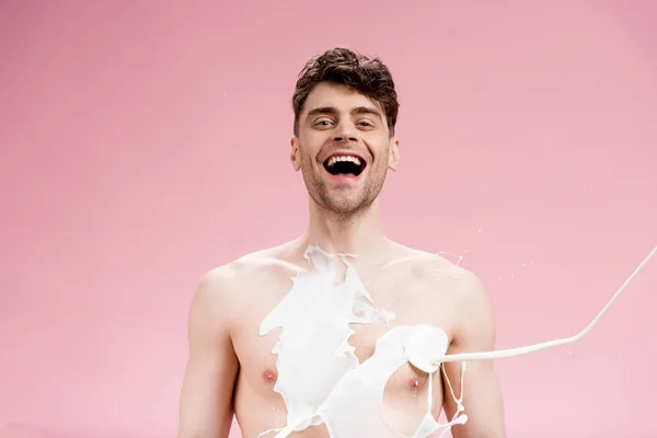 Cheerful Man White Paint Spills Body Looking Camera Pink — Stock Photo, Image