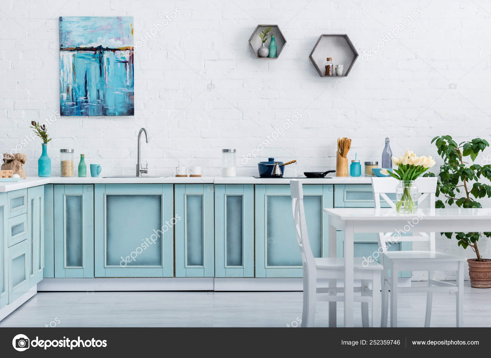 Interior Turquoise White Elegant Kitchen Kitchenware Decor Stock
