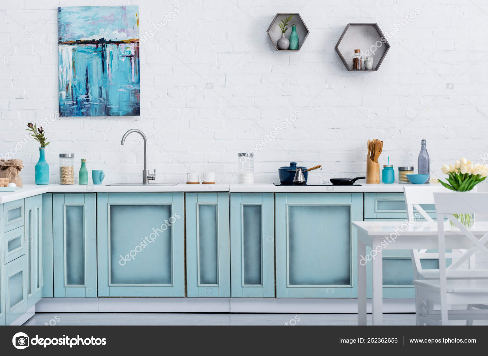 Interior Modern Turquoise Kitchen Painting White Brick Wall