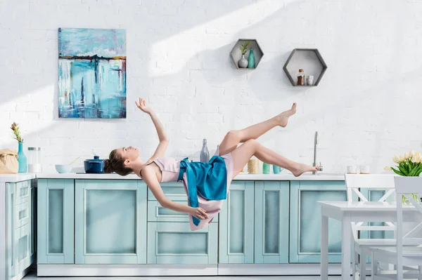 Young Elegant Woman Apron Dress Levitating Air Kitchen — Stock Photo, Image