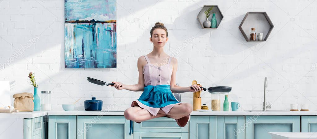 panoramic shot of young woman meditating in air with pans