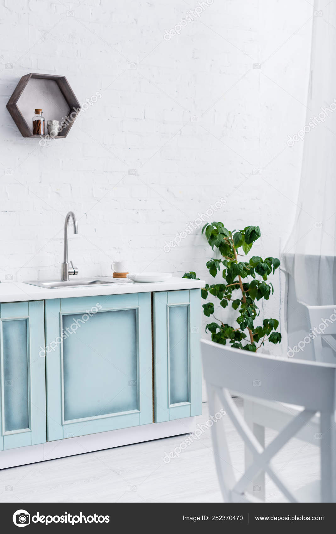 Interior Light Modern White Turquoise Kitchen Green Plant Stock