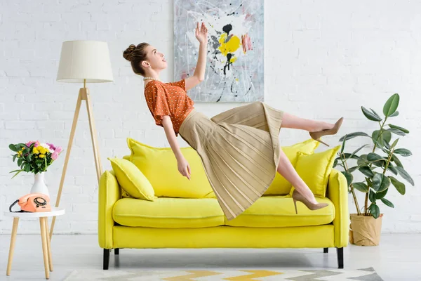 Side View Elegant Young Woman Levitating Air Living Room — Stock Photo, Image