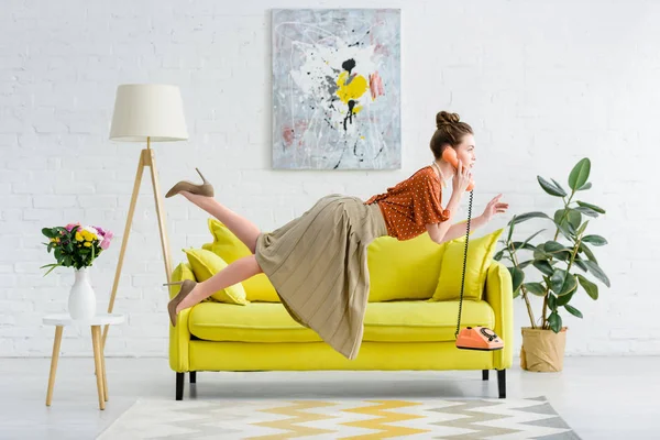 Side View Elegant Young Woman Levitating Air Talking Vintage Telephone — Stock Photo, Image