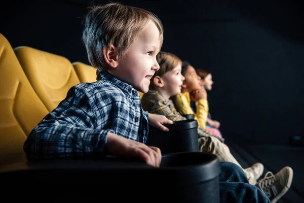 Smiling Multicultural Friends Sitting Cinema Watching Movie Together — Stock Photo, Image