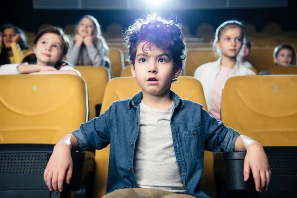 Concentrated Mixed Race Boy Watching Movie Cinema Together Multicultural Friends — Stock Photo, Image