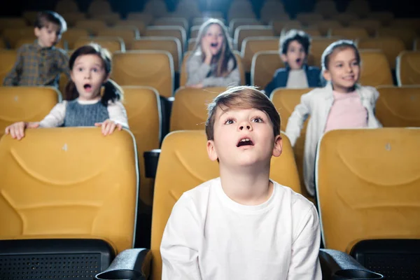 Amused Multicultural Friends Watching Movie Cinema Together — Stock Photo, Image