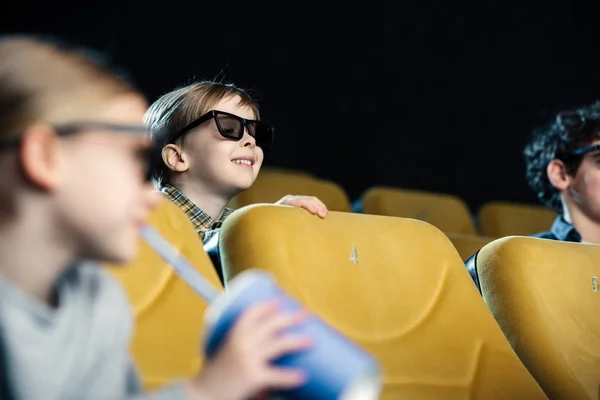 Selective Focus Smiling Boy Watching Movie Together Multicultural Friends — Stock Photo, Image