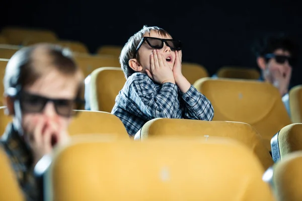 Selective Focus Cute Boy Glasses Watching Movie Holding Hands Face — Stock Photo, Image