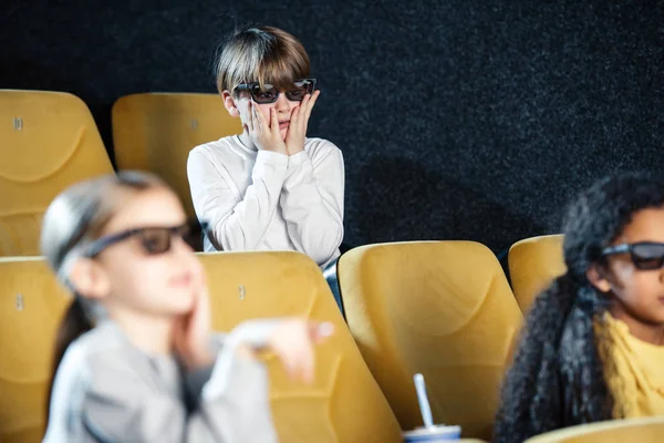 Selective Focus Worried Boy Holding Hands Face While Watching Movie — Stock Photo, Image