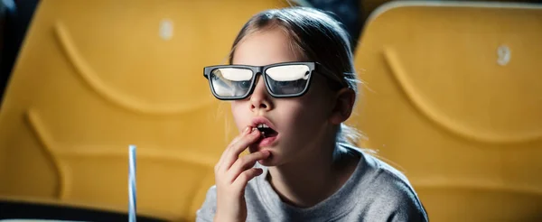 Panoramic Shot Cute Child Glasses Watching Movie Cinema — Stock Photo, Image