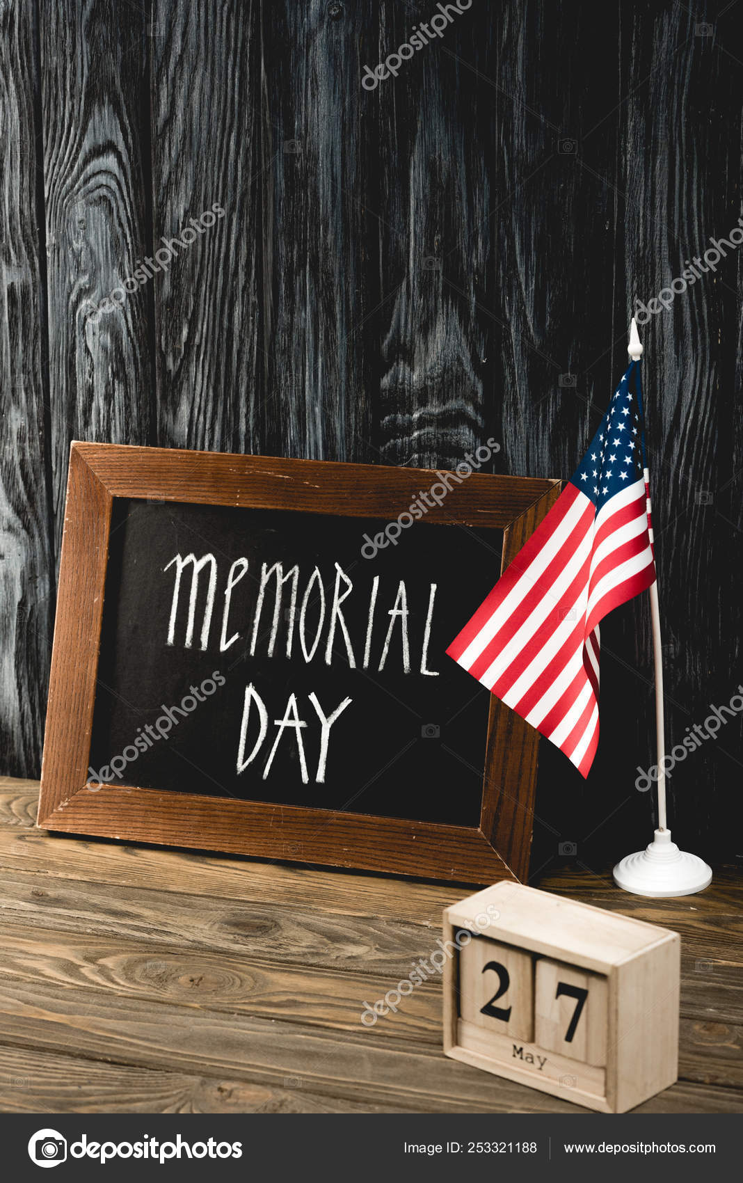 Chalkboard Memorial Day Lettering American Flag Wooden Cubes Date Stock
