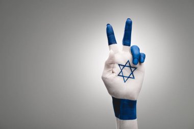 cropped view of female hand with star of david showing peace sign on grey clipart