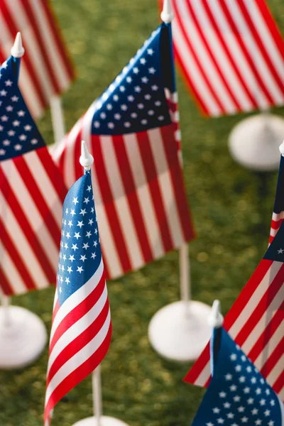 Επιλεκτική Εστίαση Των Αμερικανικών Σημαίες Αστέρια Και Ρίγες Πράσινο Γρασίδι — Φωτογραφία Αρχείου