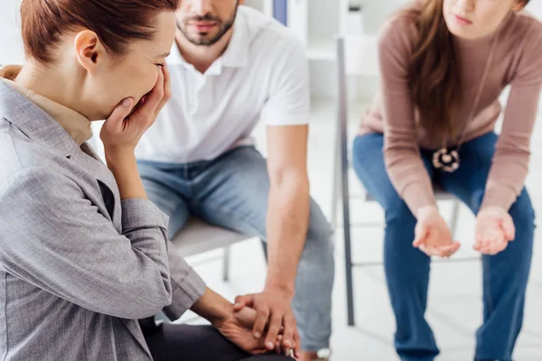 Woman Covering Face Crying Group Therapy Session — Stock Photo, Image