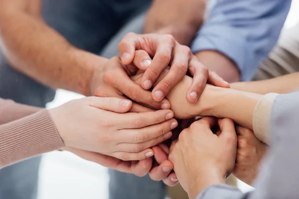 Cropped View People Stacking Hands Group Therapy Session — Stock Photo, Image