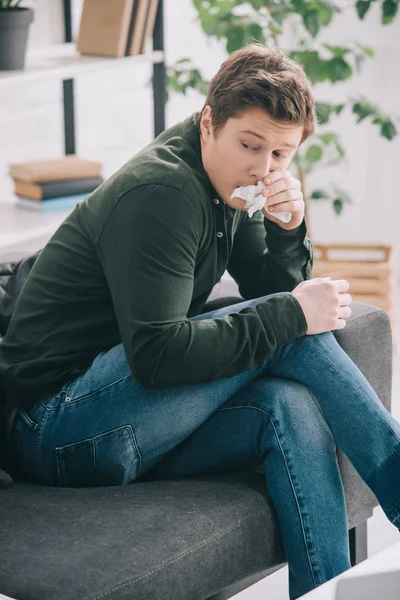 Handsome Man Holding Tissue While Sneezing Home — Stock Photo, Image
