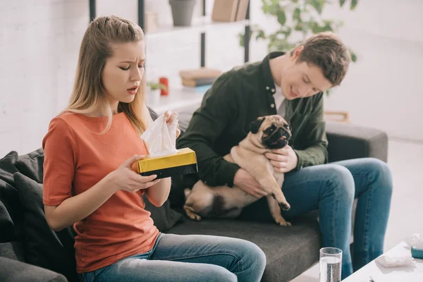 Selective Focus Blonde Woman Allergic Dog Sneezing Holding Tissue Box — Stock Photo, Image