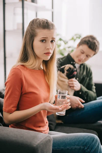 Selective Focus Upset Girl Allergic Dog Holding Pills Glass Water — Stock Photo, Image