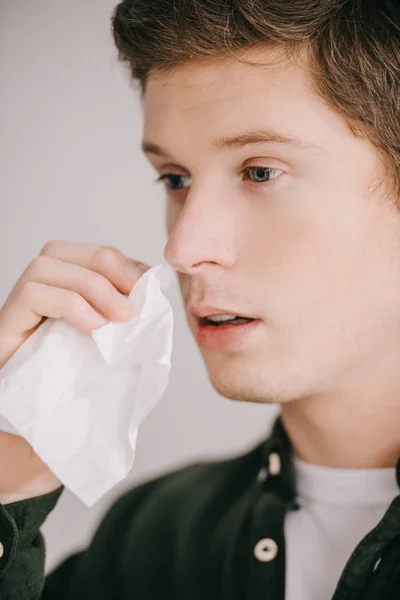 Close Sick Handsome Man Having Allergy Holding Tissue — Stock Photo, Image
