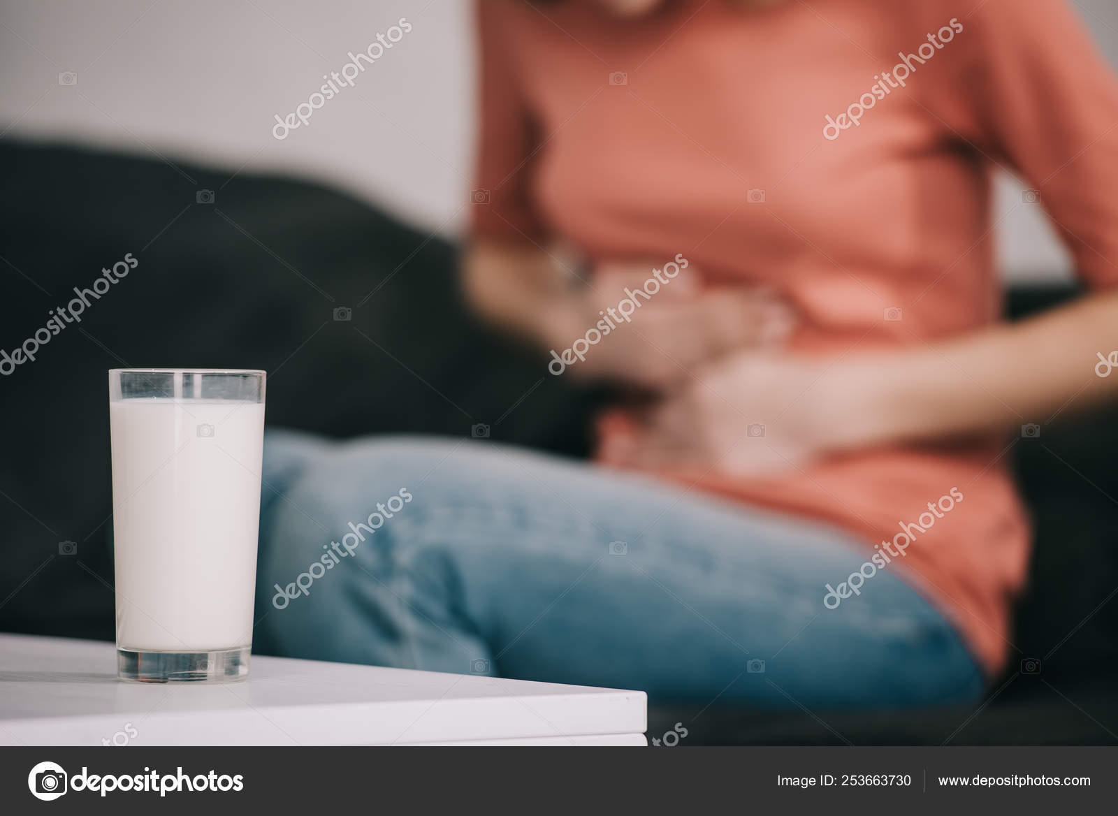 Cropped View Woman Lactose Intolerance Holding Stomach Glass Milk Stock Photo by ©AndrewLozovyi