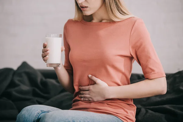 Cropped View Blonde Woman Lactose Intolerance Holding Glass Milk While — Stock Photo, Image