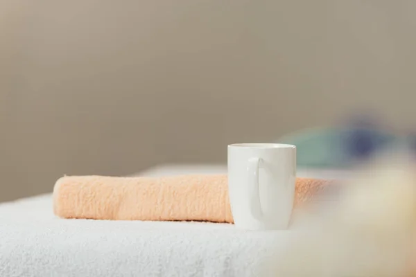 Selective Focus White Cup Beige Towel Spa — Stock Photo, Image