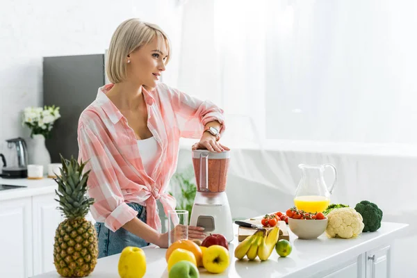 Dreamy Young Woman Preparing Delicious Smoothie Blender — Stock Photo, Image