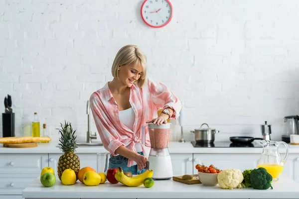 Happy Young Woman Preparing Tasty Nutritious Smoothie Blender — Stock Photo, Image