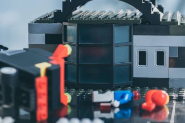 KYIV, UKRAINE - MARCH 15, 2019: Selective Focus of Building made of black lego blocks clipart