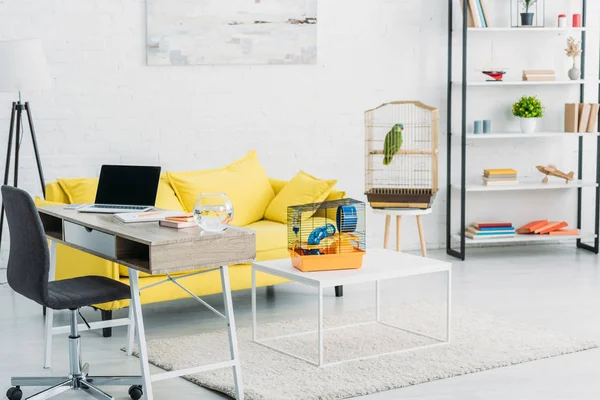 Ruang Tamu Dengan Laptop Atas Meja Sofa Kuning Burung Beo — Stok Foto