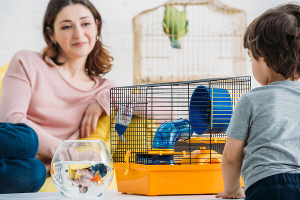 selective focus of cute boy standing near pet cage and fish bowl