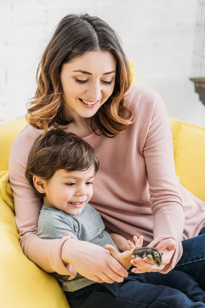 Cheerful mother and son holding funny hamster while sitting on sofa at home — Stock Image Cheerful Mother Son Holding Funny Hamster While Sitting Sofa Home Stock Photo