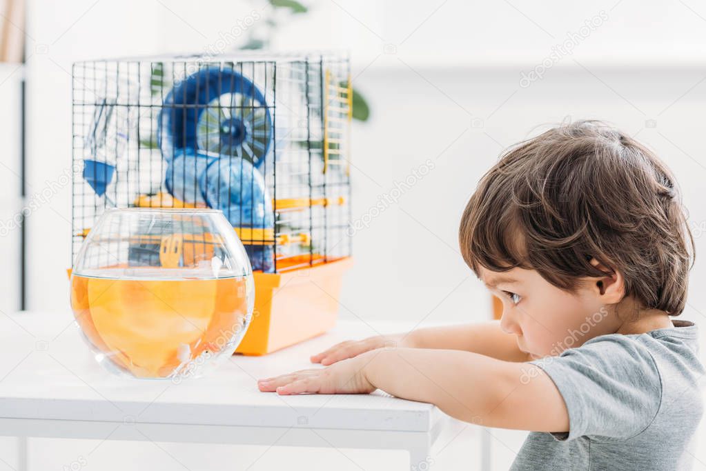 adorable boy standing near table with fish bowl and per cage at home