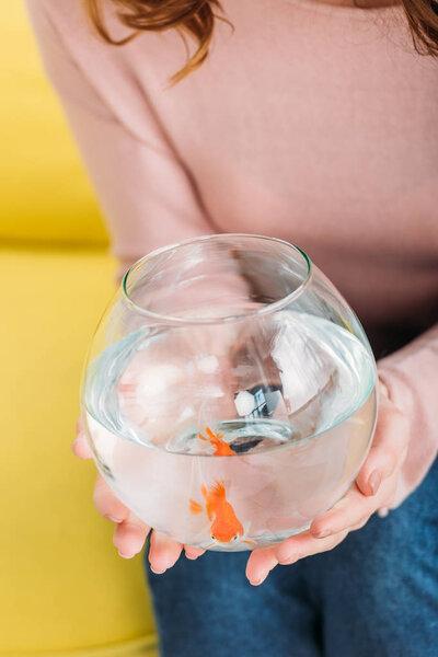 cropped view of woman holding aquarium with bright gold fish