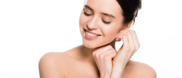 Panoramic Shot Young Woman Smiling Closed Eyes While Touching Skin — Stock Photo, Image