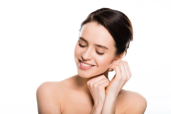 Happy Young Woman Smiling Closed Eyes While Touching Skin Isolated — Stock Photo, Image