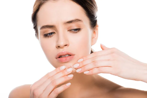 Attractive Young Woman Pressing Chin Pimple Isolated White — Stock Photo, Image