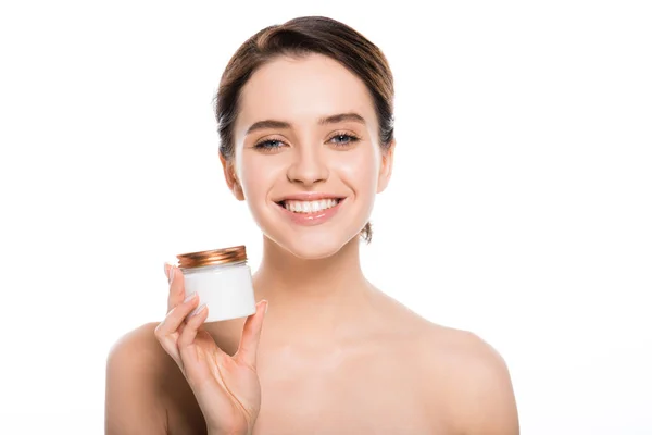 Cheerful Naked Woman Holding Container Face Cream Smiling Isolated White — Stock Photo, Image