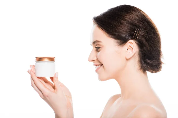 Jovem Mulher Segurando Recipiente Com Creme Facial Sorrindo Isolado Branco — Fotografia de Stock