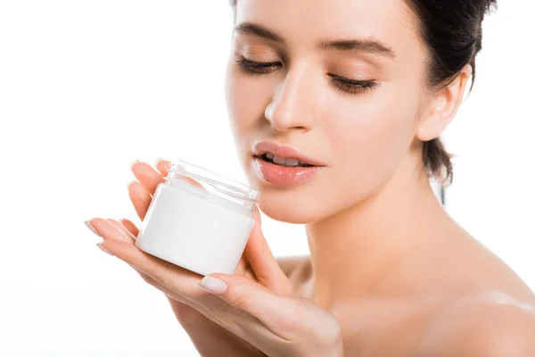 Mooie Vrouw Holding Container Met Cosmetische Crème Geïsoleerd Wit — Stockfoto