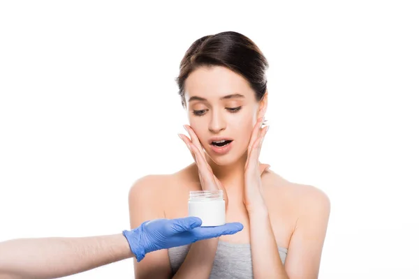 Cropped View Plastic Surgeon Latex Glove Holding Container Cosmetic Cream — Stock Photo, Image