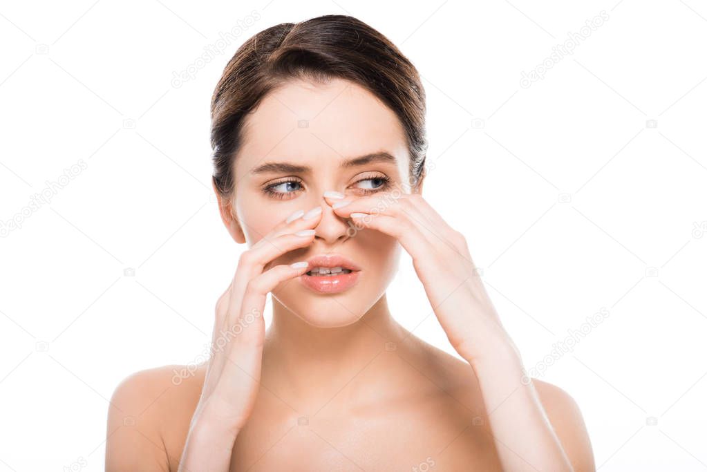 beautiful naked woman touching nose after rhinoplasty isolated on white 