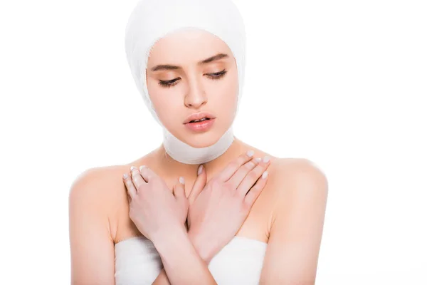 Young Woman Bandaged Head Crossed Arms Plastic Surgery Isolated White — Stock Photo, Image