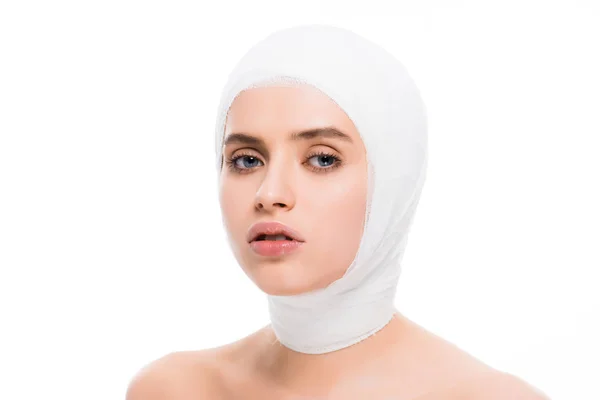 Beautiful Girl Bandaged Head Looking Camera Isolated White — Stock Photo, Image