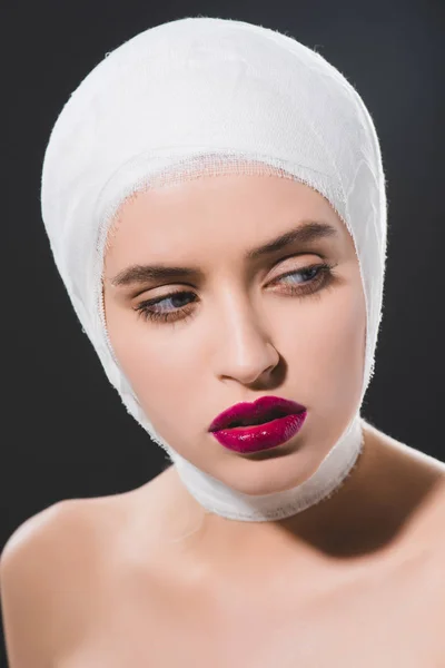 Pretty Young Woman Crimson Lips Bandaged Head Isolated Grey — Stock Photo, Image